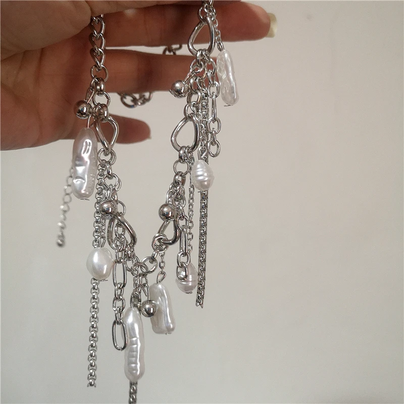 Unregelmäßiger Perlenanhänger, silberfarbene Quastenkette, dicke, klobige Halskette für Frauen, personalisierter Halsschmuck, Accessoires – Detail 6