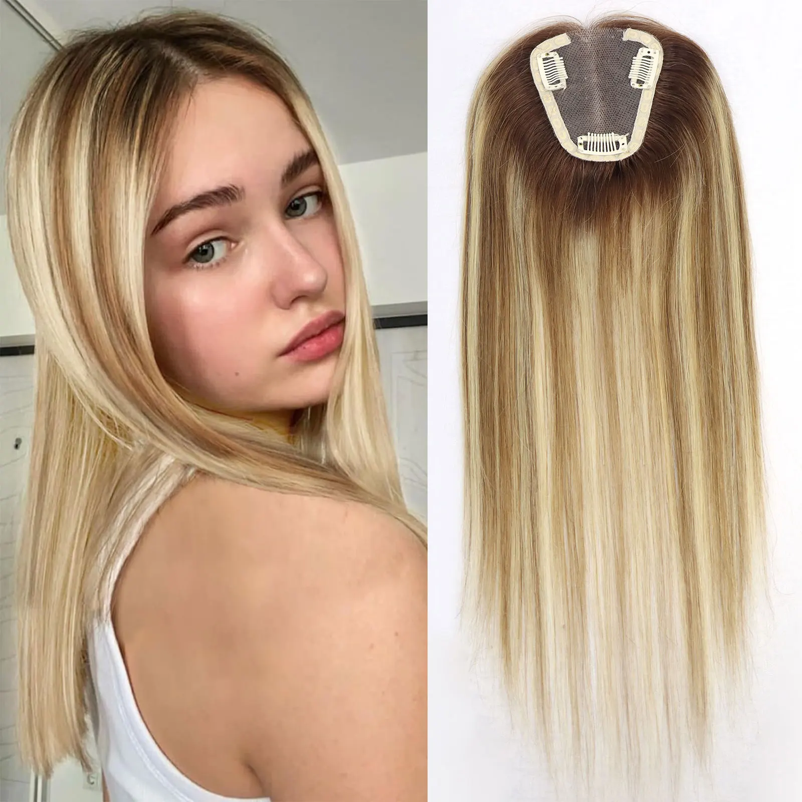 #4T6/613 Blonde Highlight Human Hair Toppers Hair Pieces For Women Swiss Lace Clips In Toppers Brown Extension For Woman Toupee