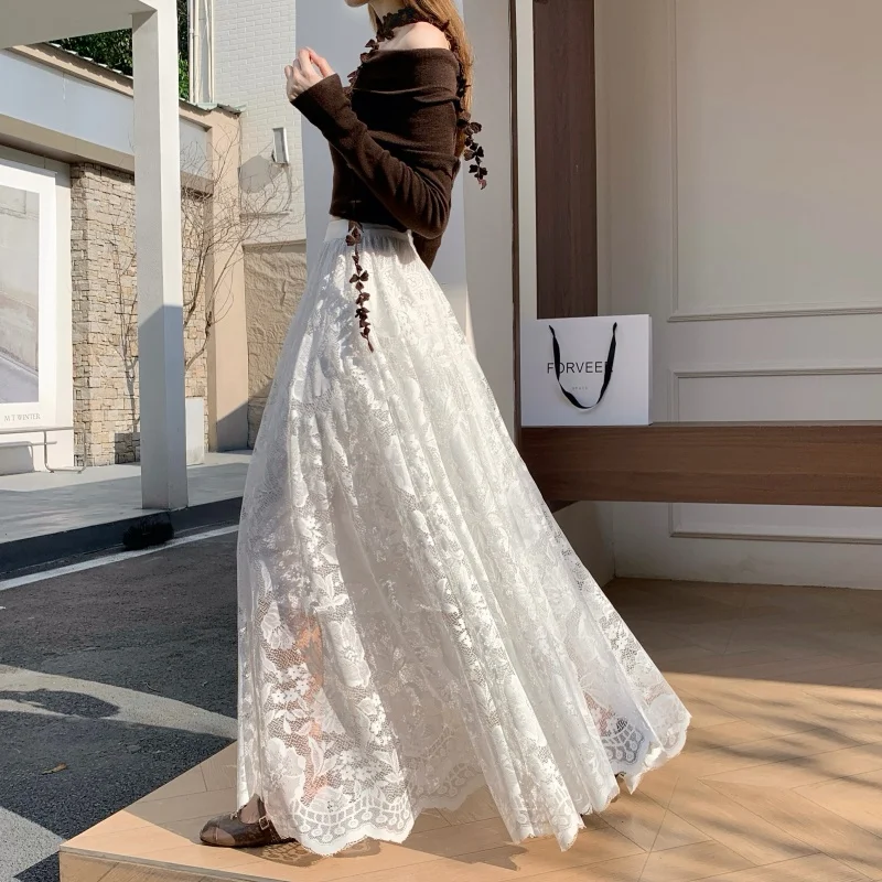 French Skirt Women Lace Long Autumn Retro Casual Loose Floor Length Fashion Versatile Beige Lace Inner A Line Skirt