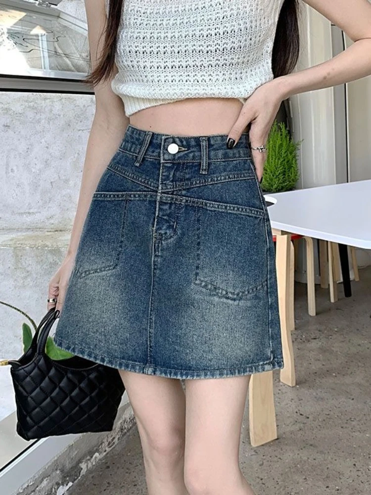 

Новинка лета: мини-юбка А-силуэта с высокой талией, дизайнерская, в ретро-стиле, из денима, женская одежда