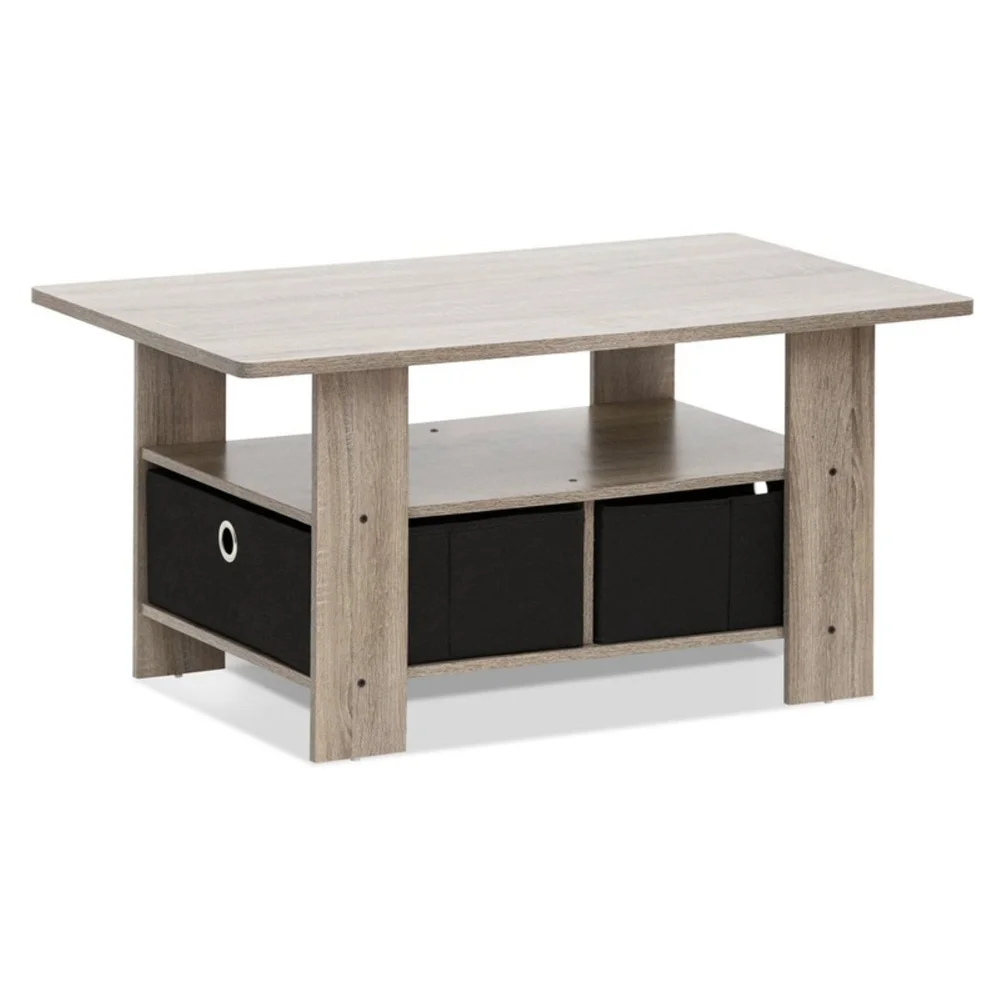 Coffee Table with Storage Bins and Lower Shelf Organizing Media Indoor Use Sturdy MDF Wood Rectangle Design Easy Care