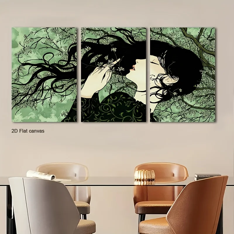 Frameless Canvas 2D Flat, 2D Flat, 2D Flat Set Of Three 2D Flat Canvas Artworks Featuring Tangled Blossoms, Framed And Ready