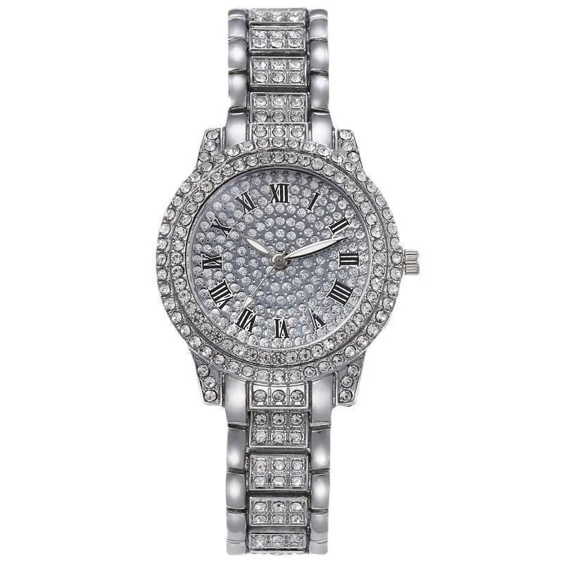 Reloj de lujo con diamantes completos para mujer, pulsera de acero de cuarzo, cristal de circón, reloj de pulsera de moda