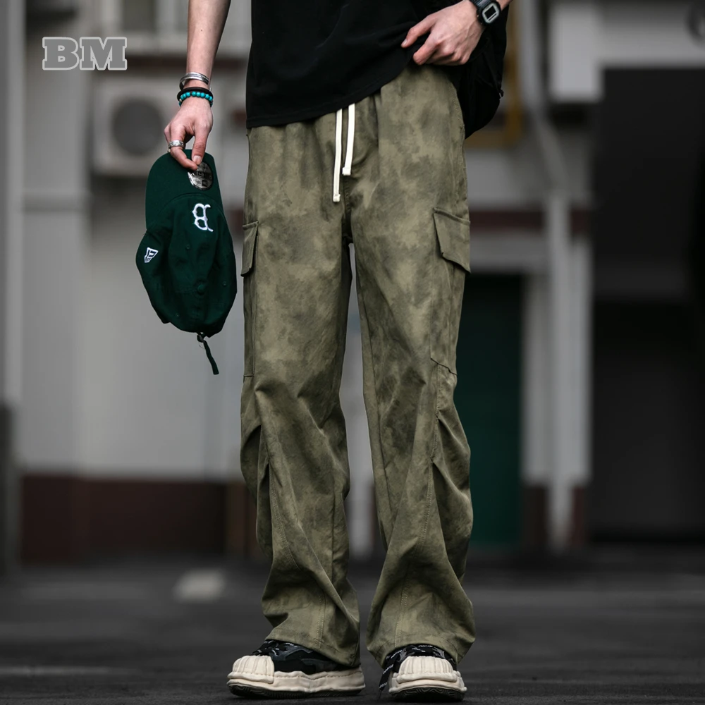 

American Vintage Cargo Pants Men Multiple Pockets Loose Fit High Quality Straight Leg Tie-Dye Distressed Trendy Plus Size Casual