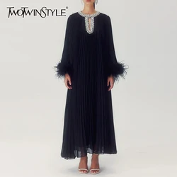 TWOTWINSTYLE Solid Loose Spliced Feather Dresses for Women Round Neck Long Sleeves Patchwork Diamonds Dress Female Clothing New
