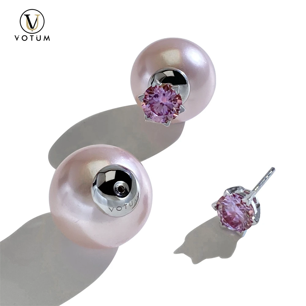 

Votum 0.5ct 1ct Round Pink Moissanite 925 Silver Earring Stud for Women 15mm Pearl Gold Plated Fine Jewelry Bridal Party Gift