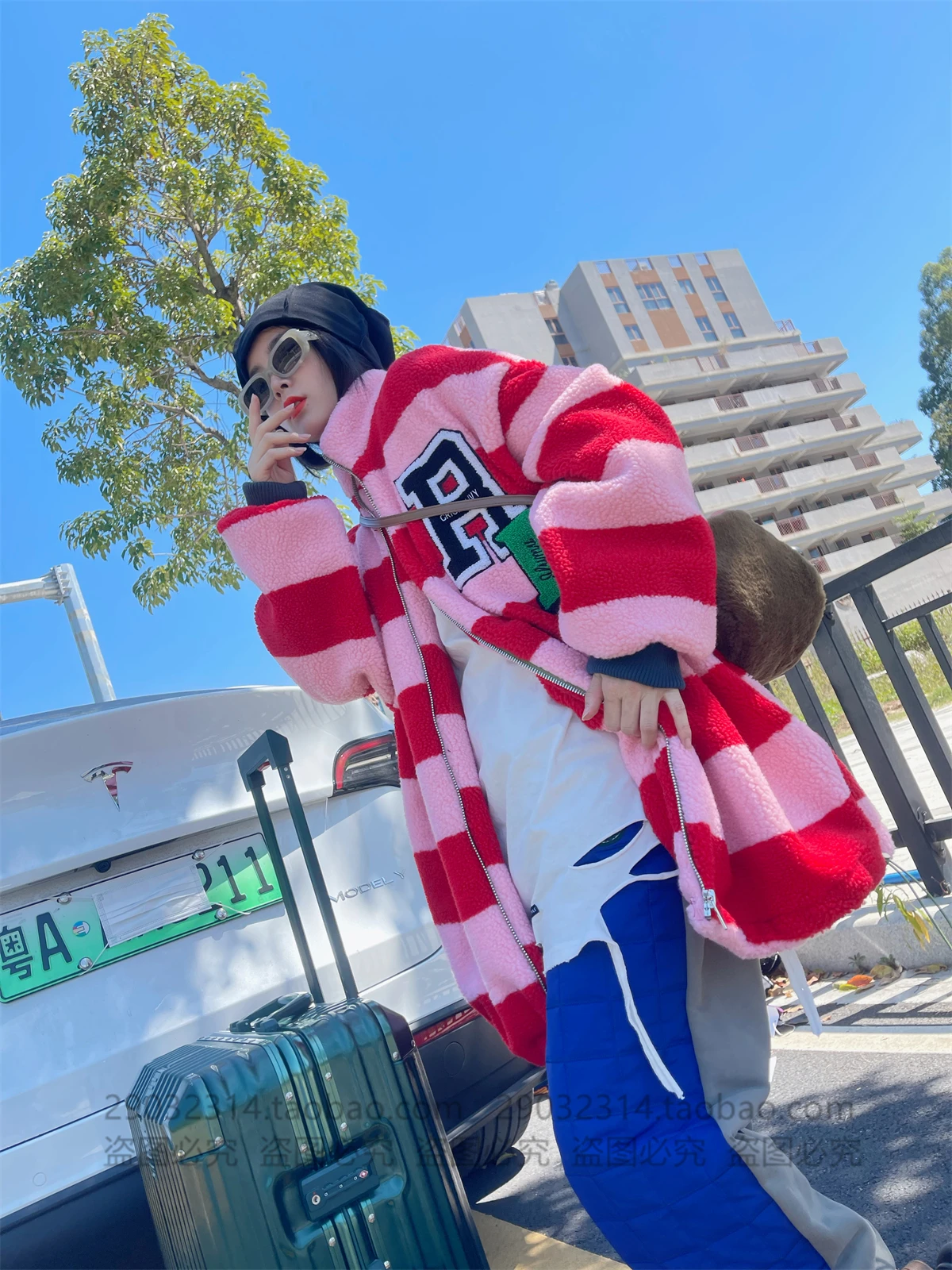 European Style Loose Casual Lamb Wool Coat for Women Winter Thickened Mid-Length Striped Color-Block Fleece Sweatshirt