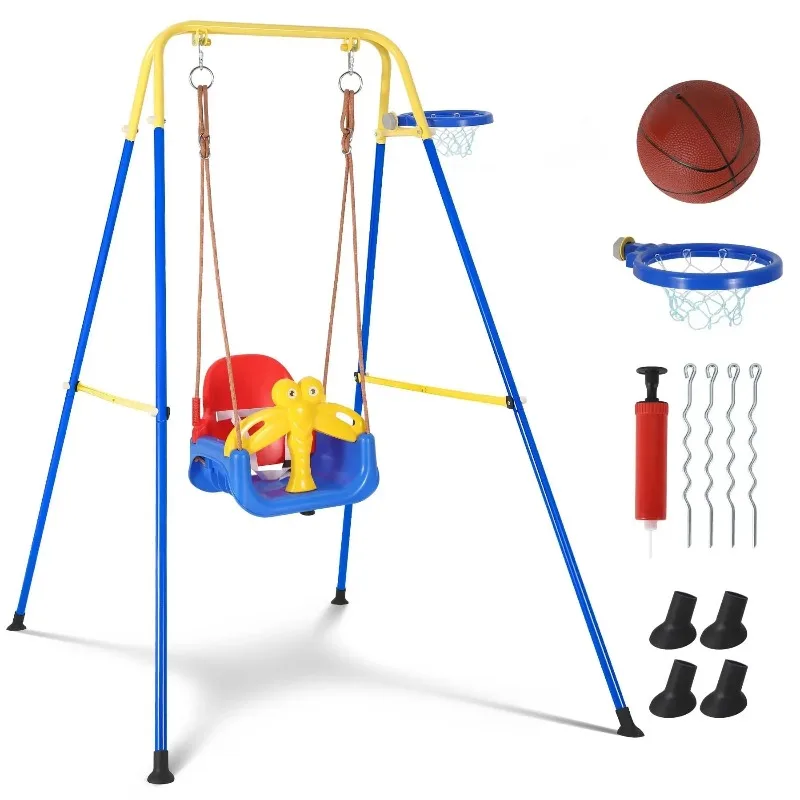 

Toddler Swing Set, Foldable Swing With Basketball Hoop & Safety Belt, Detachable Metal Frame Toy Gift for Kids 6 Months+