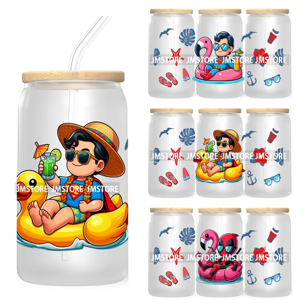 

Наклейки-трансферы для стаканов Hero Cartoon Summer Vacation 16OZ UV DTF, индивидуальные этикетки, прочные, водонепроницаемые, с логотипом, для стеклянных банок Libbey.