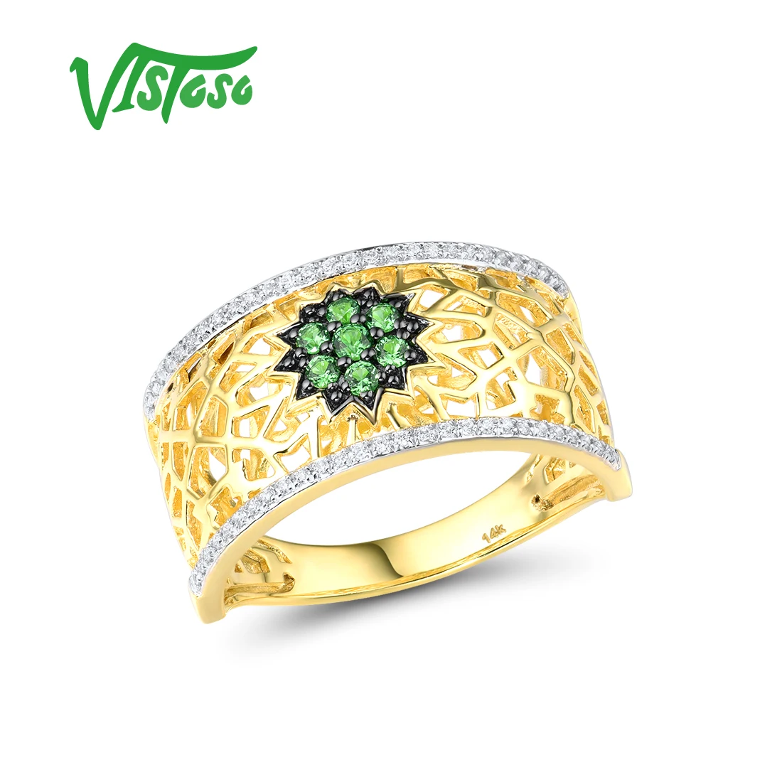 

VISTOSO Genuine 14K 585 Yellow Gold Ring For Women Sparkling Green Garnet Diamond Flower Ring Gorgeous Fashion Fine Jewelry