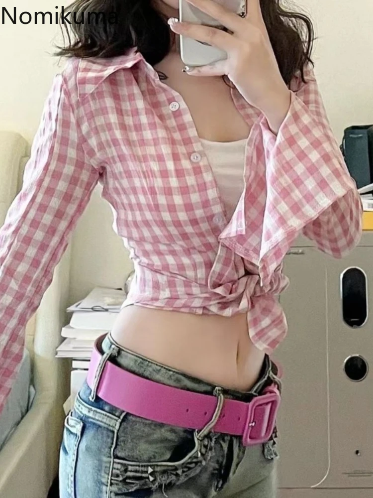 2024 Blusas Mujer De Moda Pink Plaid Long Sleeve Blouse Women Clothing Tunic Fashion Shirts Crop Tops Casual Summer Y2k Blouses