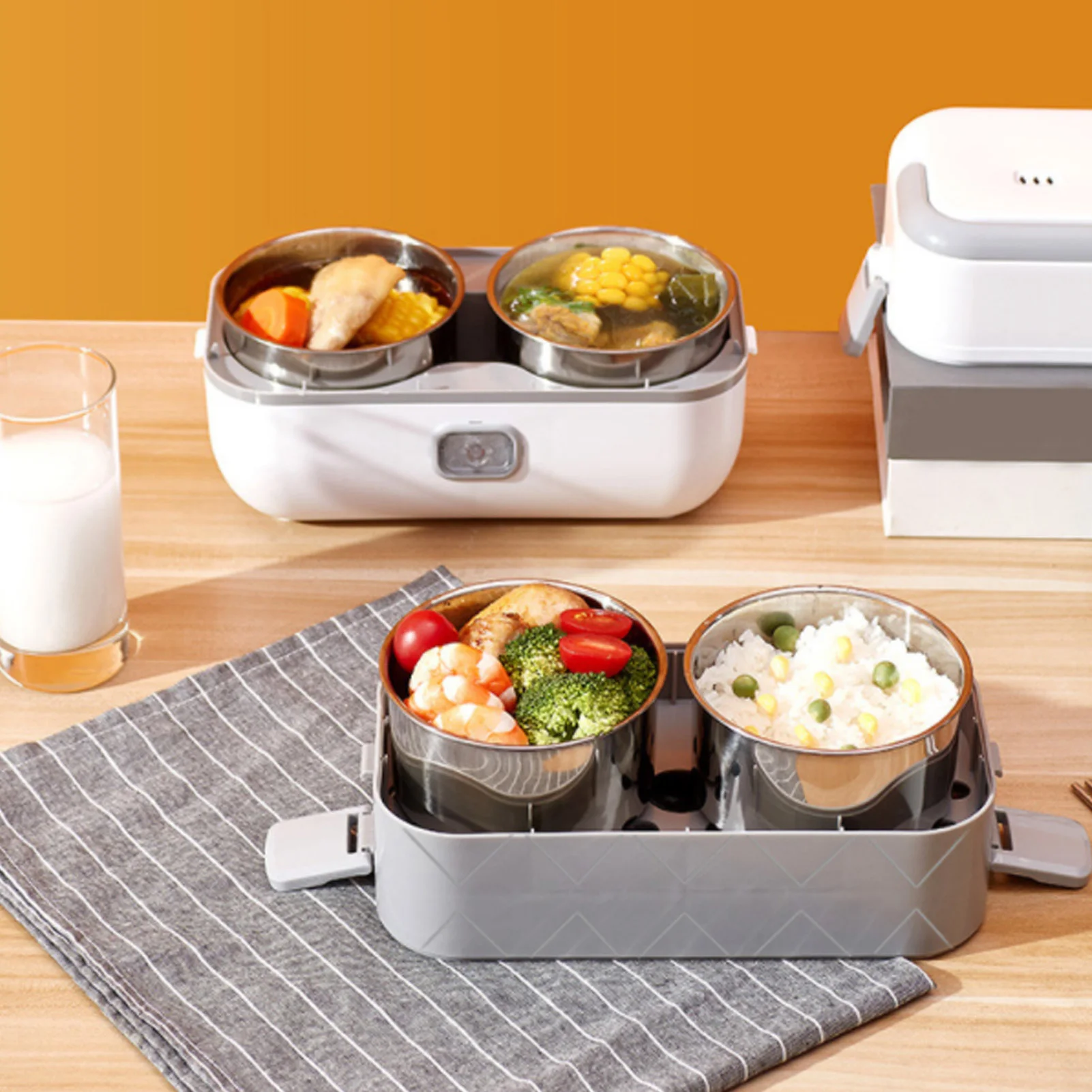 Portable Electric Lunch Box 200W Rapid Heating Stainless Steel 4-Compartment Food Warmer with Auto Shut off for Work And Travel