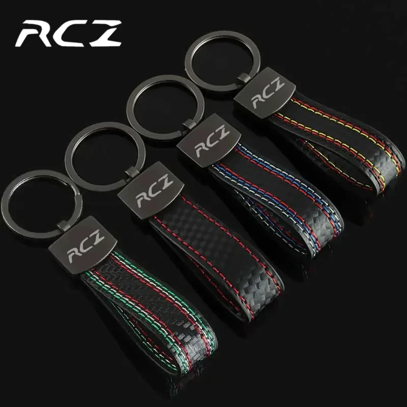 Carbon Fiber Leather Keychains Car Keyring Key Chain Pendent for Peugeot RCZ Logo 406 405 205 3008 206 208 408 508 407 107 307