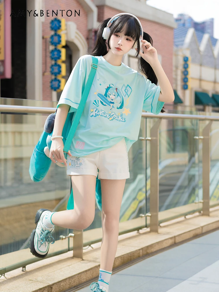 

Japanese Cute Anime Print Color Matching Short-Sleeved T-shirt High Waist Slim Wide-Leg Pants Two-Piece Set Sweet Leisure Suit