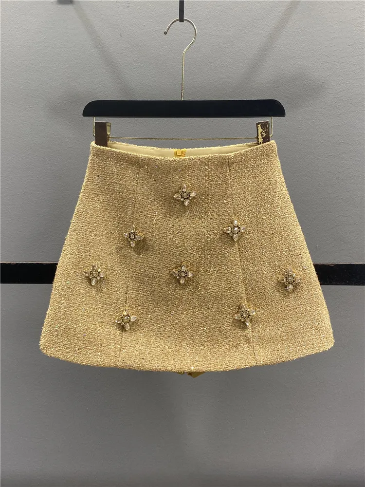 Heavy Embellished Tweed High Waist Slim Fit A-Line  Skirt Women's Fashion Autumn Winter New Style Diamond Embedded Skirts