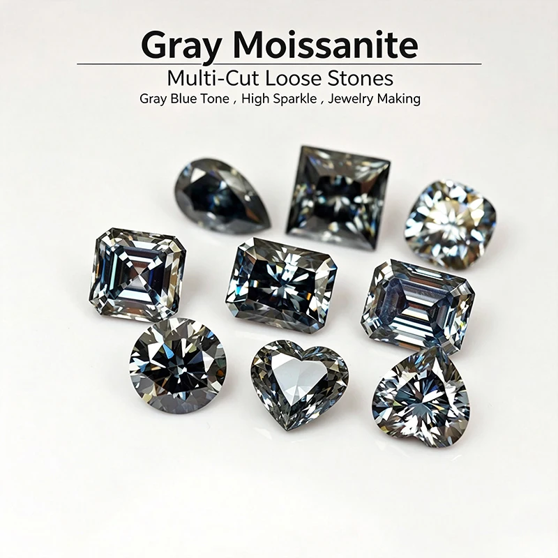 0.5-5.0ct Gray Moissanite GRA Certified VVS1 Clarity Multi Cut Round Pear Oval Emerald Heart Cushion Princess Asscher Radiant