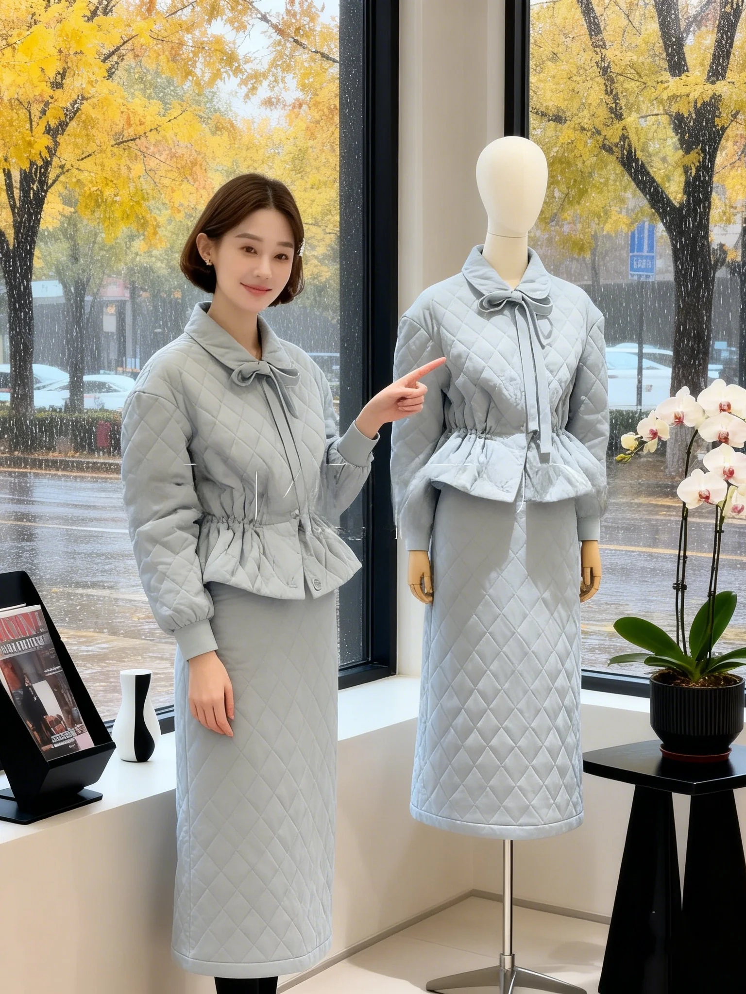 

Faionable Winter Outfit for Women Knot Cotton Coat And Skirt Set Slim Fit Turn down Collar Thiened Long Sl...