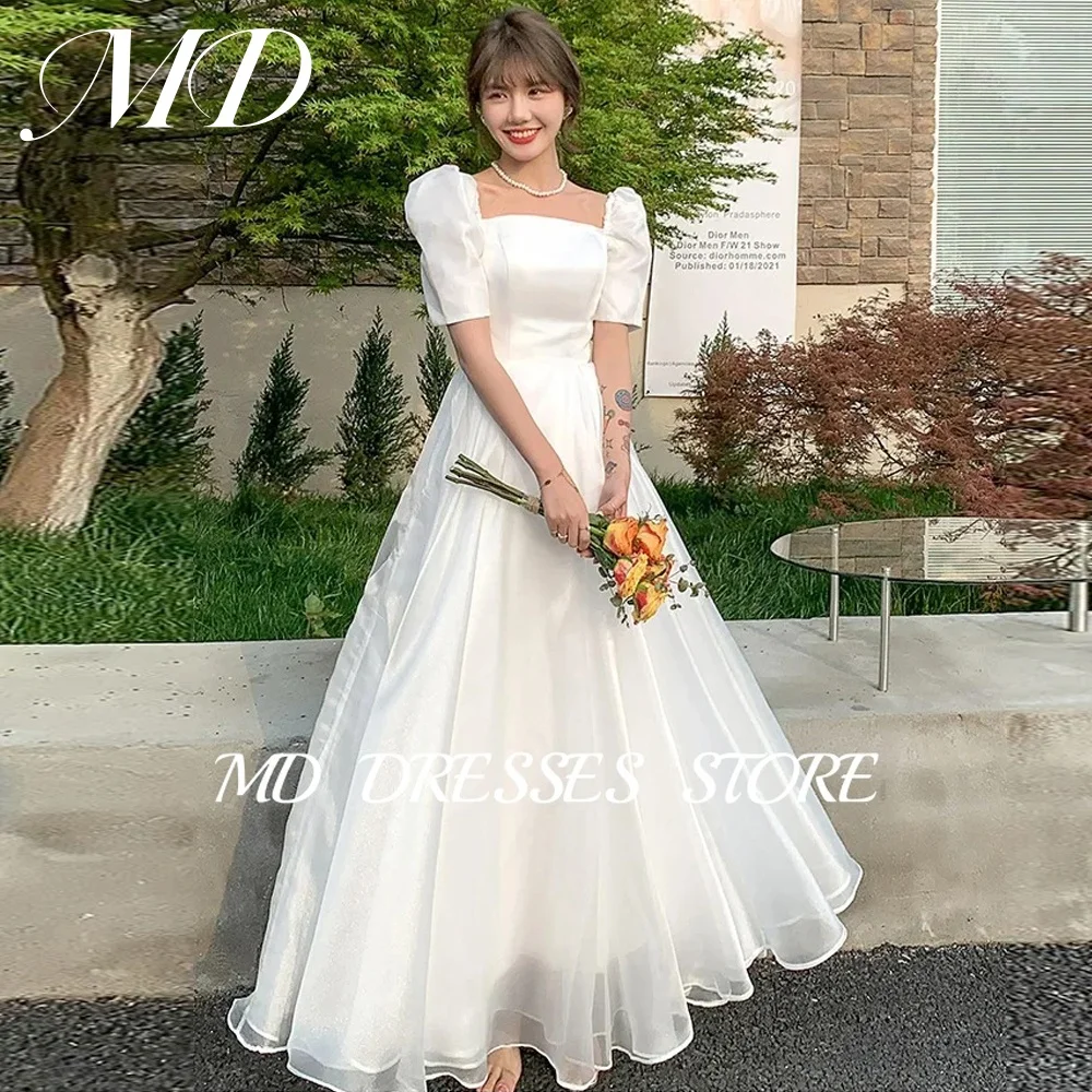 

MD Simple Satin A-line Wedding Dresses Square Collar Short Sleeves Korea Photoshoot Floor-Length Corset Customized Bride Gowns