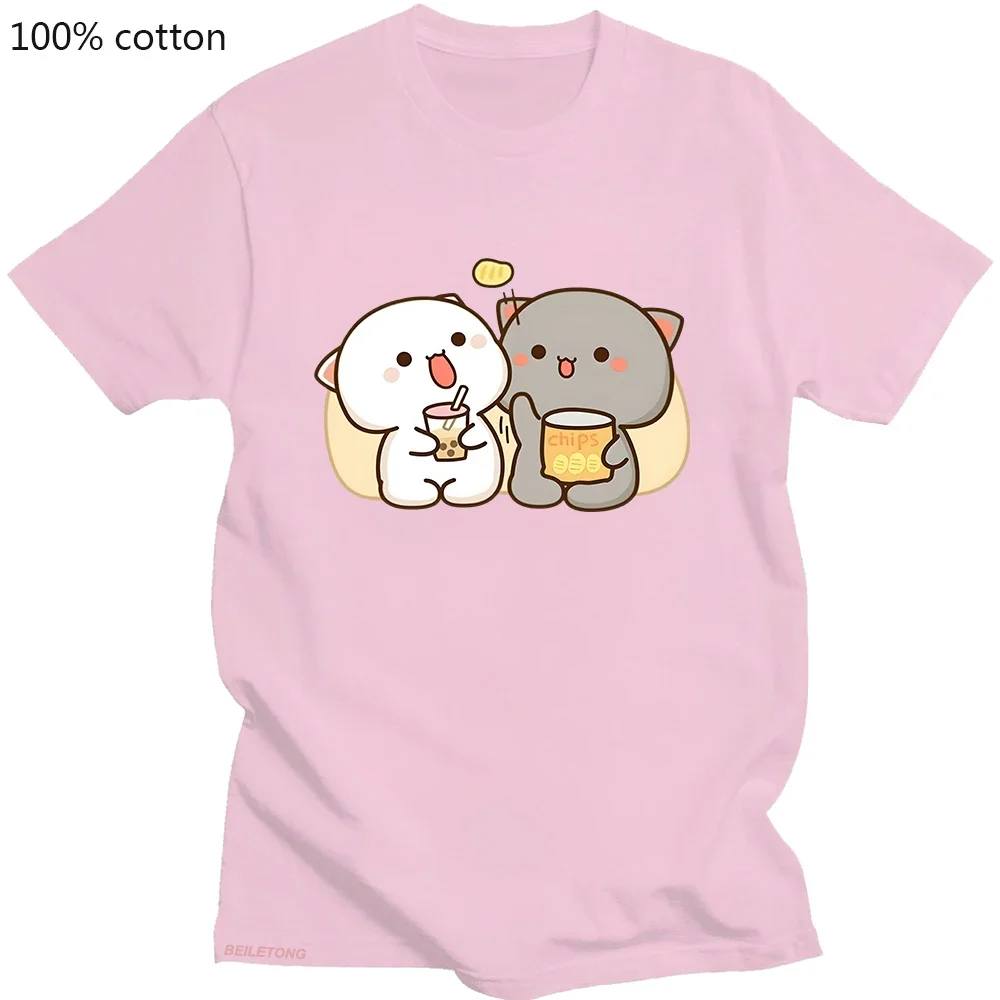 100% Cotton T-shirt Kawaii Mochi Peach Cat Clothing Bubble Tea Graphic Tshirts Casual Summer Tees Camisetas De Muje Short Sleeve