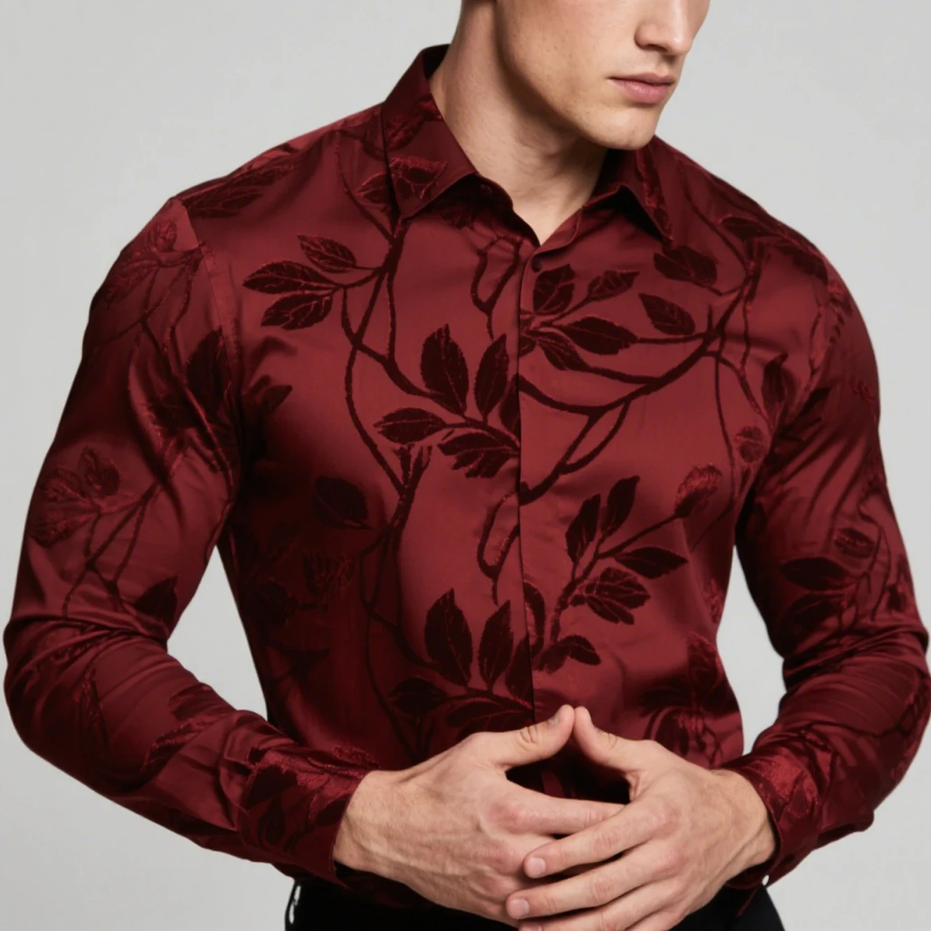 Camisa con estampado de hojas de plantas de color claro para hombre, camisa estampada con imagen geométrica, solapa de manga larga, top informal de negocios sencillo para fiesta al aire libre