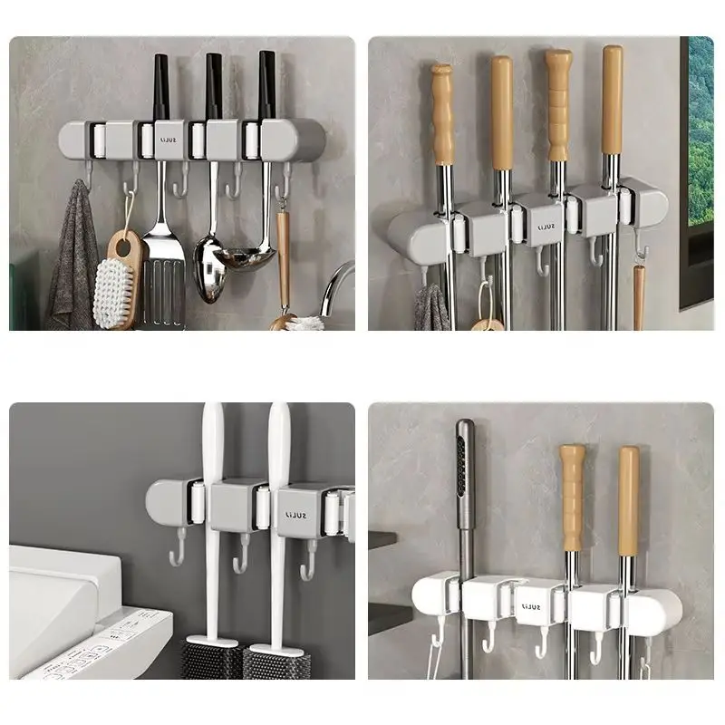 Bathroom Mop Hanger Wall-mounted Bathroom Mop Clip Multi-functional Powerful Punch-free Hanger