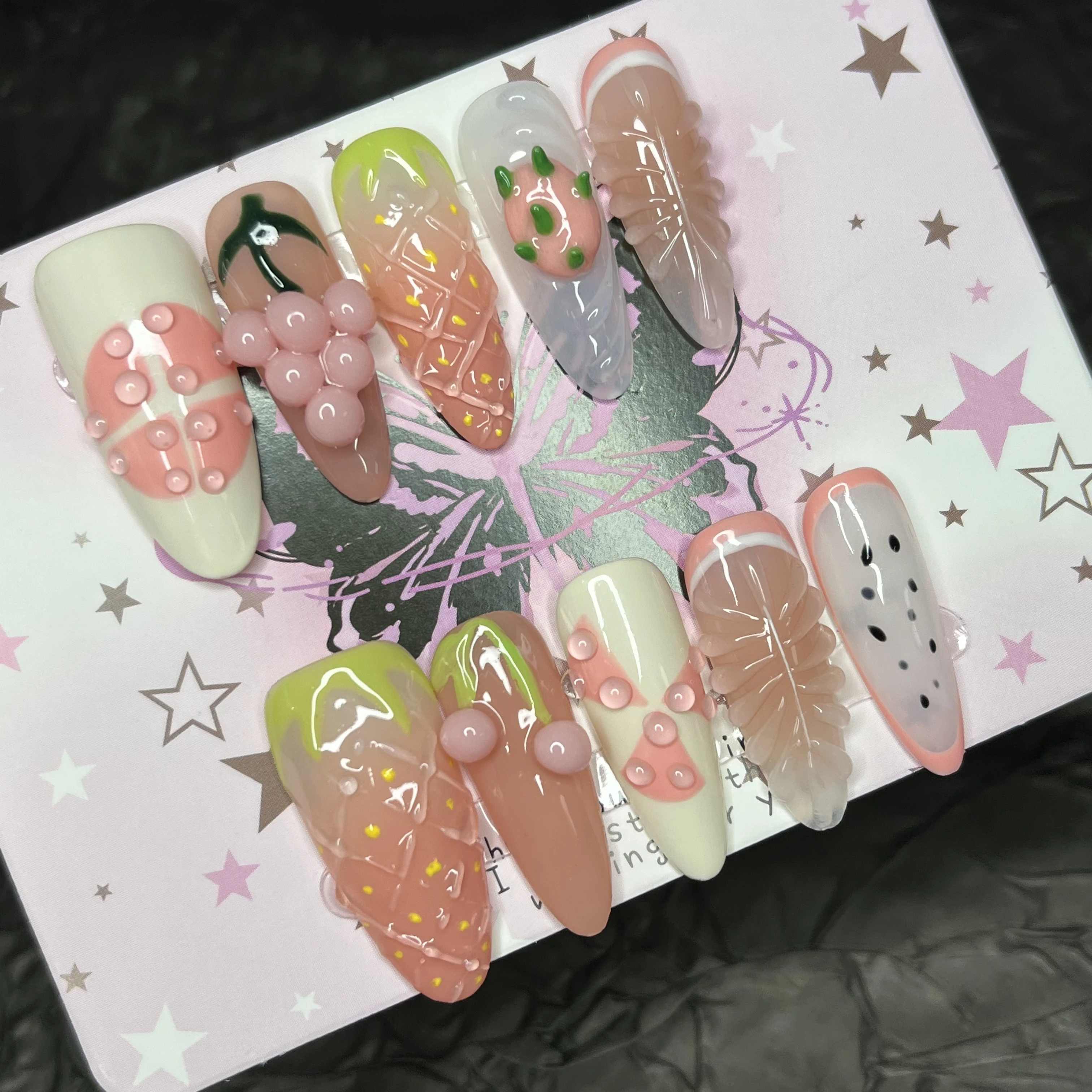 

10pcs 3D Fruit Handmade Fake Nails Sweet Y2k Cute Red Pink Strawberry Cherry 3D Press on Nails Long Almond False Nail Art Tips