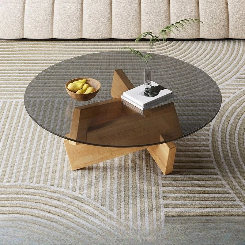 

Glass coffee table household small apartment solid wood round coffee table living room modern creative combination simple