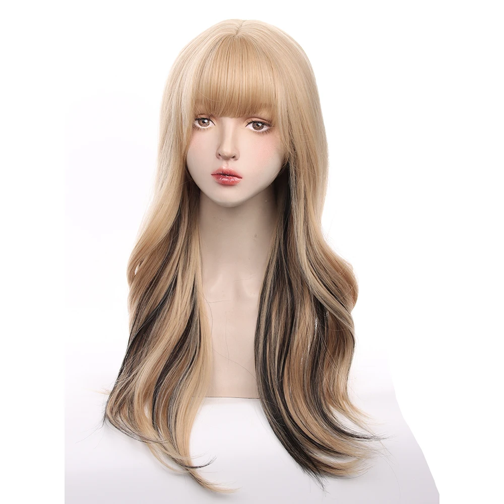 باروكة صناعية مقاومة للحرارة للنساء، طويلة مموجة، أشقر مختلط، نمط أسود مناسب للحفلات التنكرية والملابس اليومية