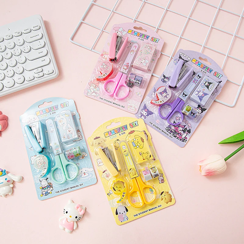 Cartoon Sanrio Stationery Set Kuromi Kitty Student Scissors Stapler Tape Combination Kid Gift Home Book Binding Machine Stapler