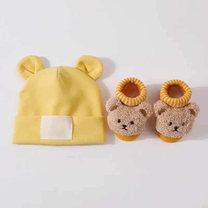

K8GF Elastic Newborn Baby Hat Socks Set Secure Fit Cotton Polyester Blend for Sensitive Skin