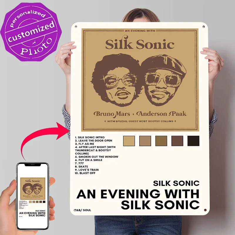 Silk Sonic An Evening With Album, Póster Impreso con Textura 3D, Letrero de Metal Vintage Personalizado para Decoración de Pared, Ambiente Acogedor
