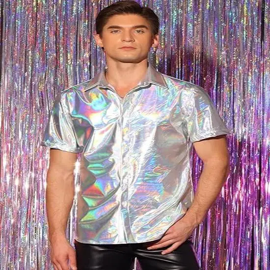 New 2025 Men's Casual Bright Finish Short Sleeve Shirt Summer New Style Polyester Fiber 100% Male Fashionable Turn-down Collar