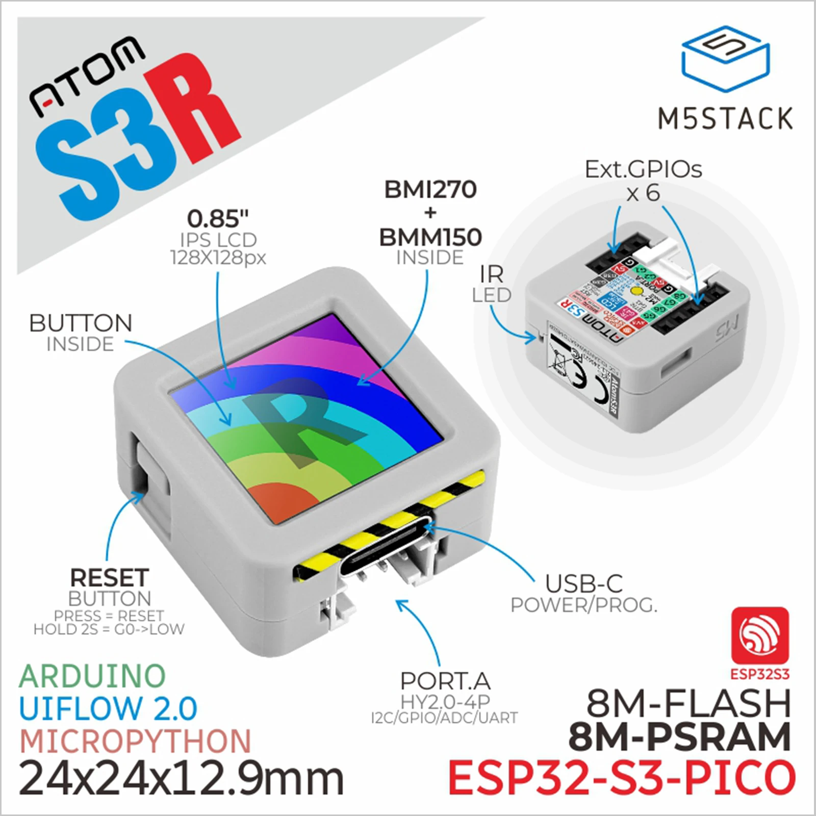 kit-de-developpement-m5stack-atoms3r-esp32-s3-ecran-ips-085-pouces-8-mo-de-psram-antenne-3d-iot