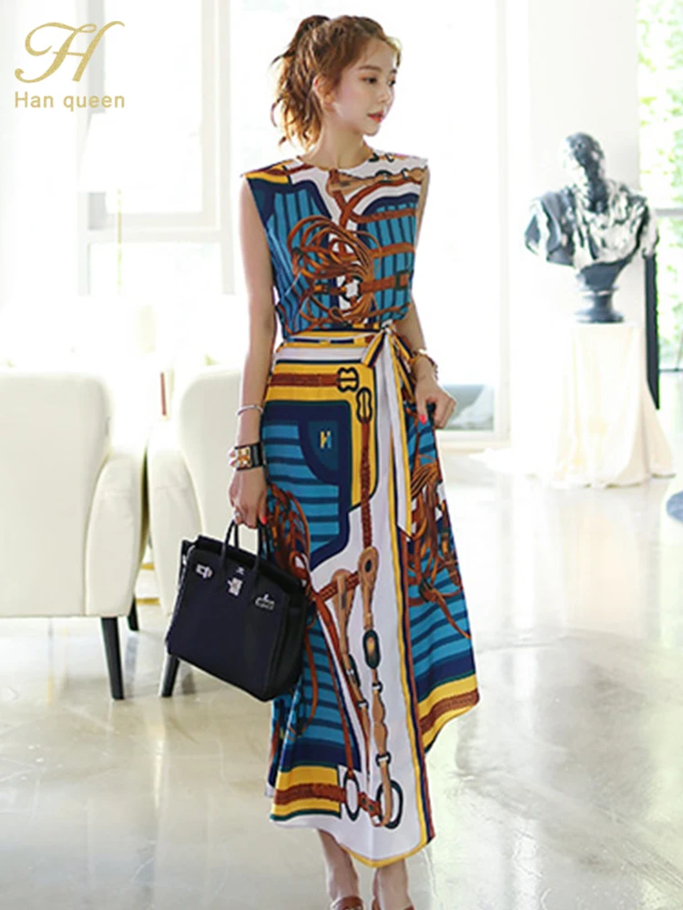 H Han Queen Hot Sales Korean Women's Summer Sexy Prints Work 2 Pieces Set Sleeveless Tops & A-Line Long Skirt Korean Skirt Suit