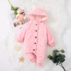 0-1 year old newborn baby girl autumn and winter style solid color small ear long sleeved single breasted fleece jumpsuit