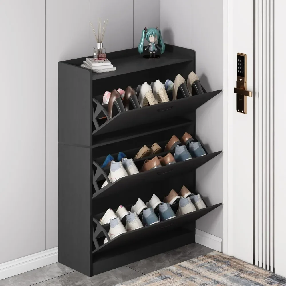 18 pairs of shoe cabinet with 3 flip-out drawers, concealed shoe rack organizer, front door entrance high shoe rack