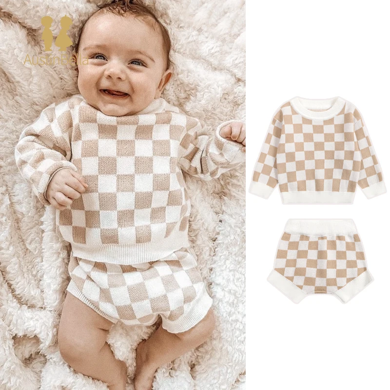 Baby Plaid Sweater Sets Boys Girls Clothes Newborn Infant Knitted Sweater and Shorts Set Toddler Wear Baby Clothes Outfit Suit