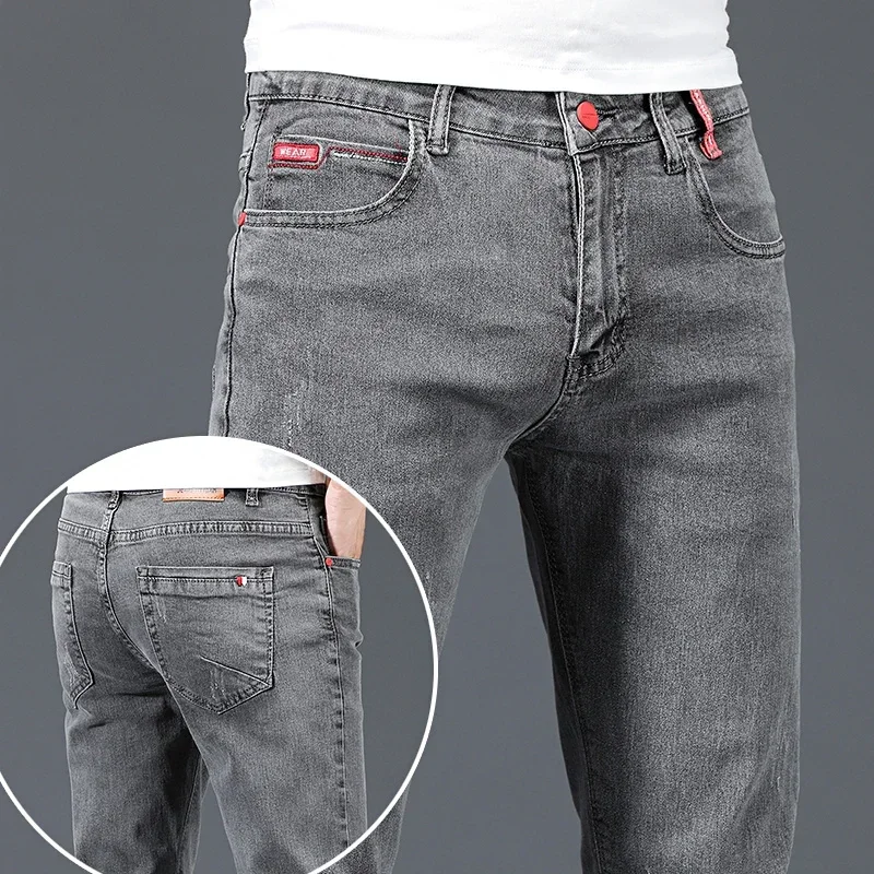 New Men's Cotton Business Casual Skinny Jeans Trendy Fashionable Stretch Straight Slim Denim Trousers Male Blue Grey
