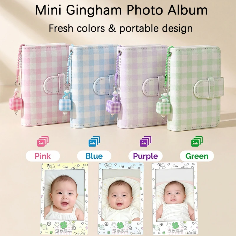 Mini Gingham 3-Zoll-Fotoalbum - 28 Taschen für Instax Mini, mit 10 Stück Glücksklee-Randaufklebern, Tragbares Kinder-Erinnerungsbuch