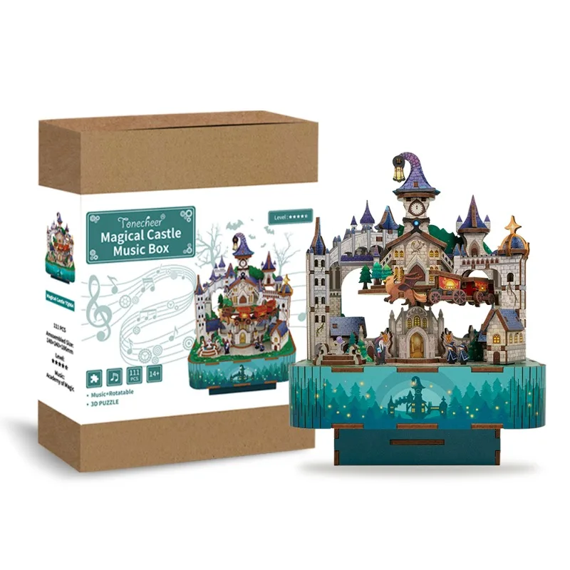 L Magic castle design wooden music box puzzle gift DIY children's music box