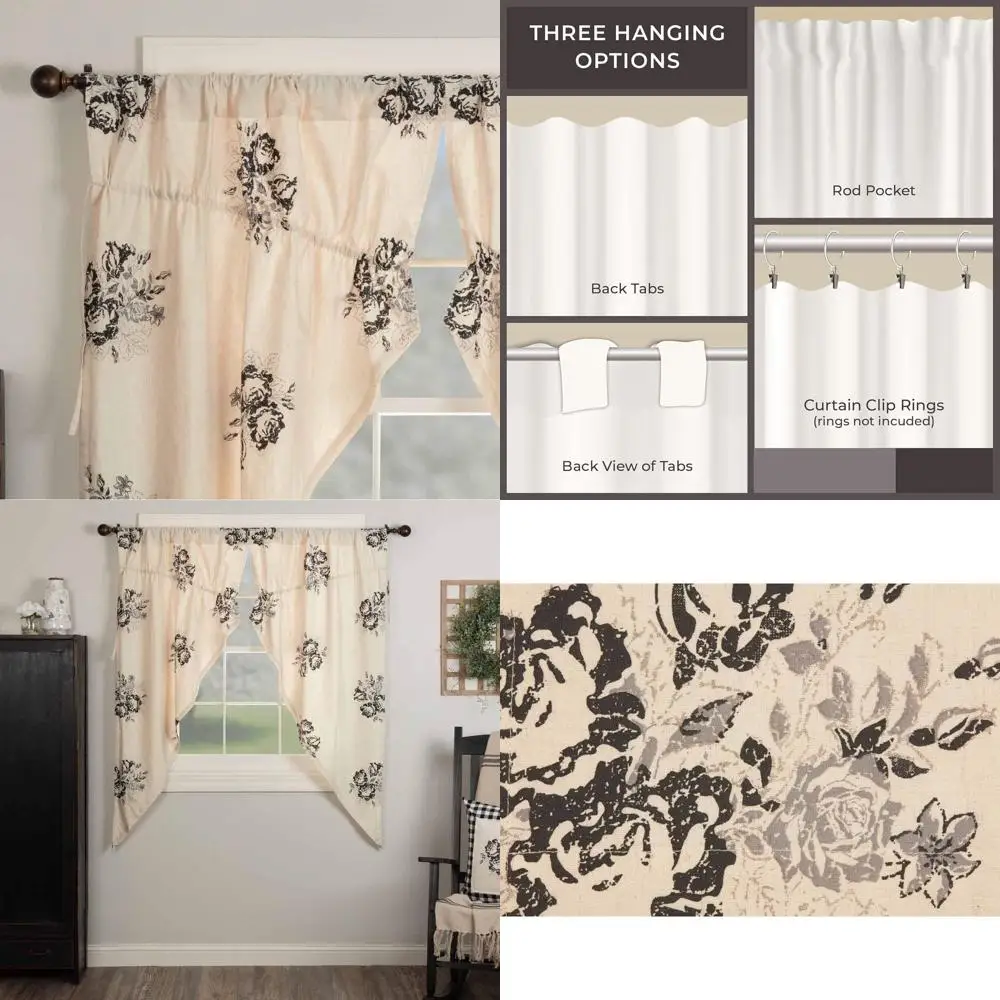 

Floral Prairie Swag Curtains, Pair, 63 Length, Vintage Farmhouse Bohemian Style, Cream and Black Flower Print Window Drapes