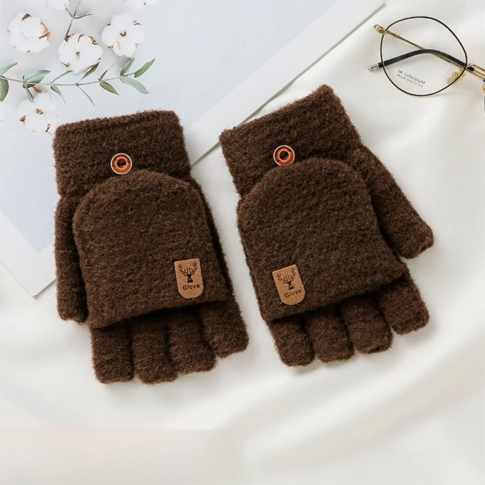 Fashion Warm Winter Knitted Gloves Windproof Thickened Half Finger Mittens Fleece Jacquard Writing Mittens for Men
