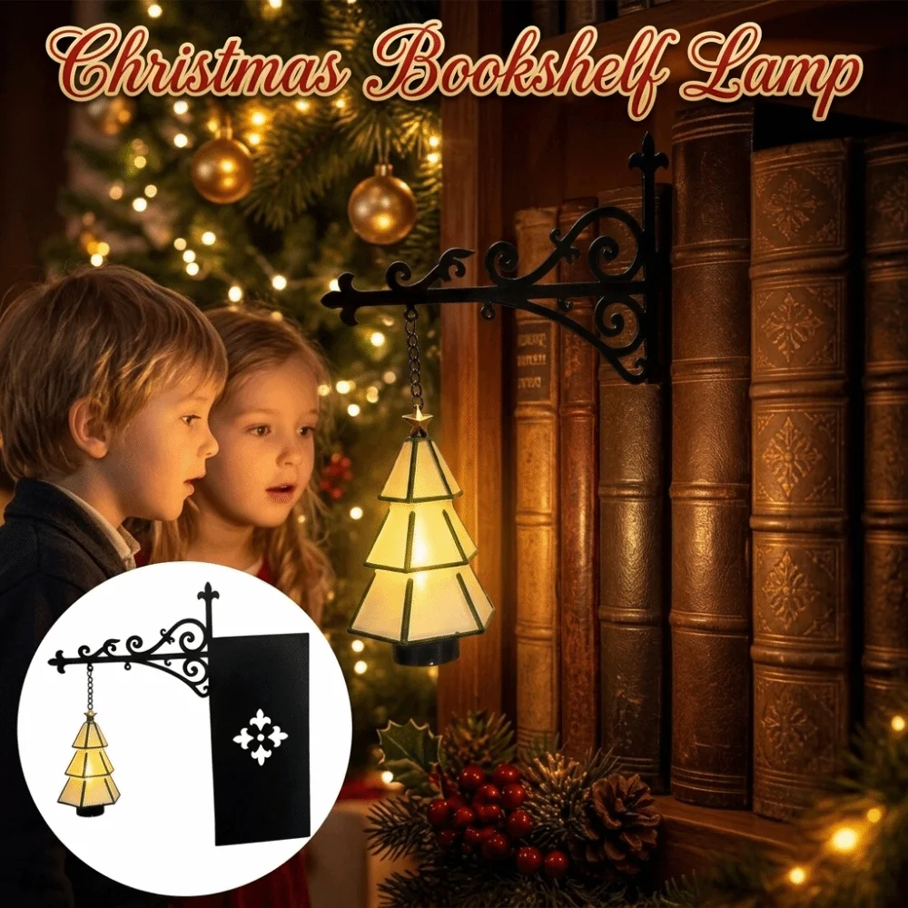 Creative Christmas Bookshelf Lamp Retro Warm Light Hanging Xmas Tree Light Cute Iron Art Book Nook Lamp Study Corner
