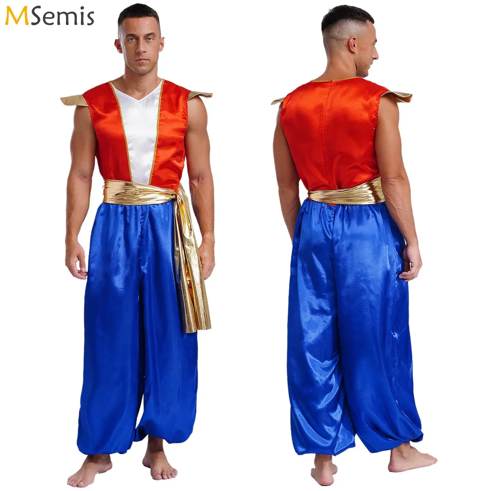 

Mens Halloween Arabian Mythical Prince Lamp Cosplay Costume Jumpsuit Metallic Shiny Belt Decor Aladin Fly Sleeve Satin Romper