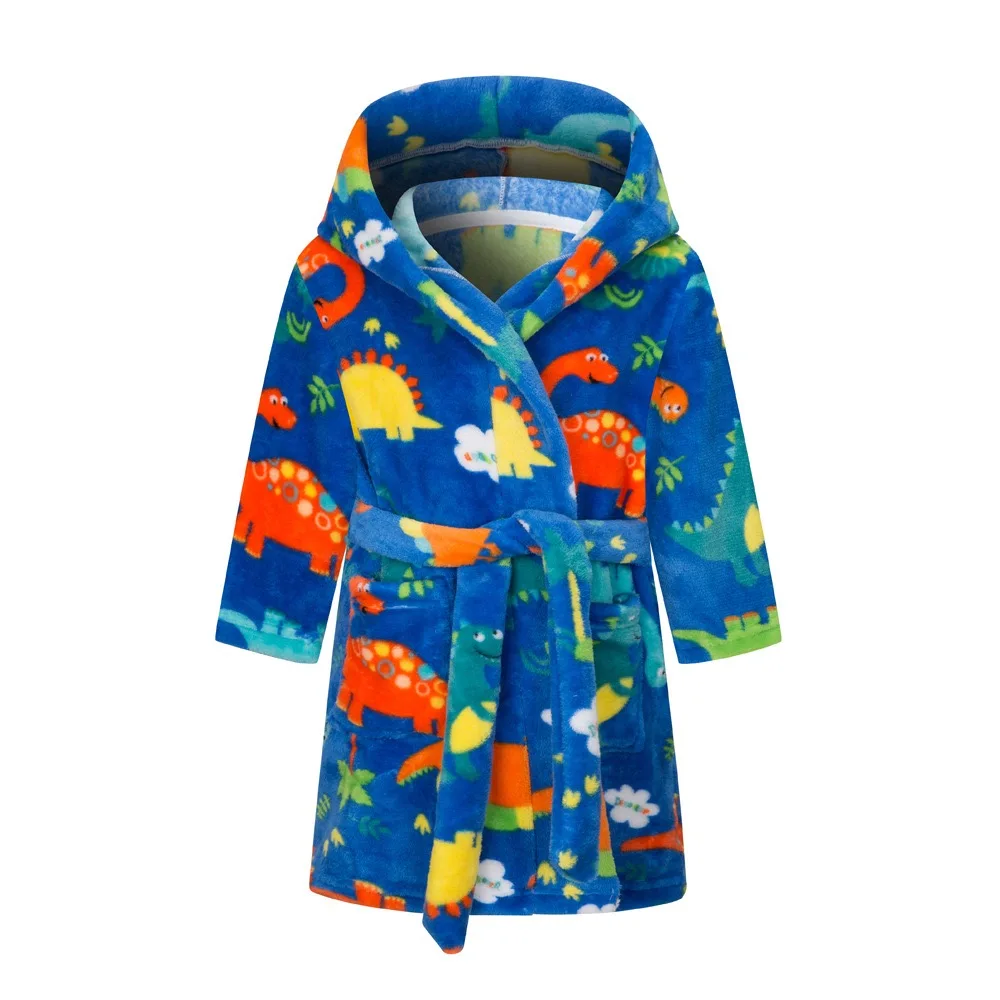 Kids Hooded Dinosaur Printed Flannel Bathrobe Babys Bath Robes Boys Astronaut Cartoon Soft Warm Pajamas Long Sleeves Towel Robe