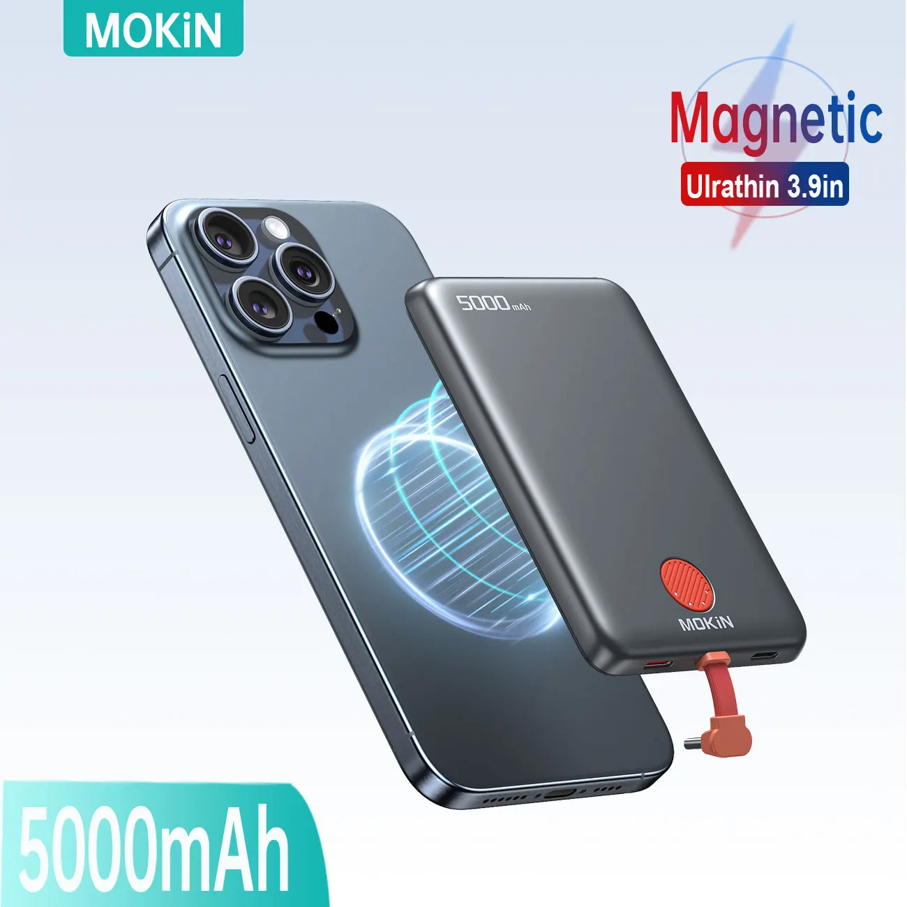 MOKiN Mini Magnetic Power Bank 30W 5000mAh Portable Fast Charging External Battery Built-in Cable For iPhone 15 14 13 PowerBank