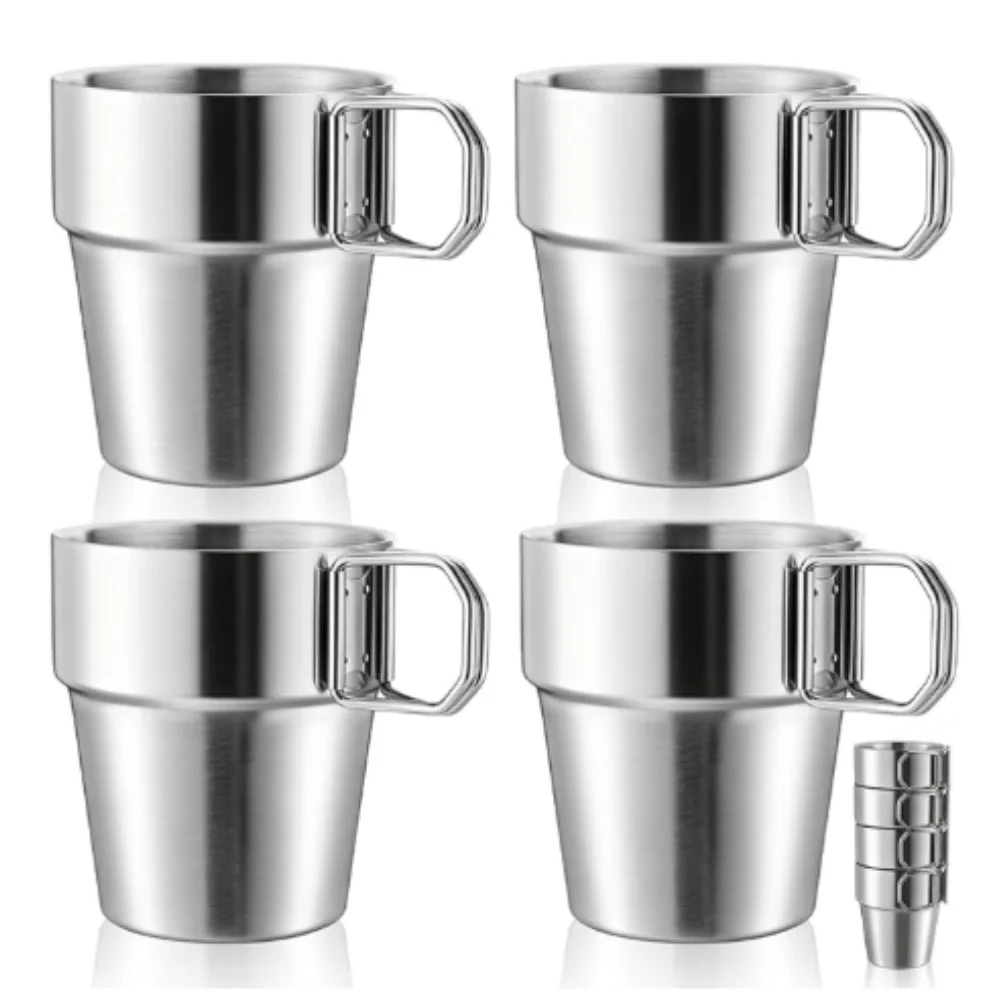 304 Stainless Steel Step Coffee Cup with Handle for Camping Travel Kitchen Use Stackable Design Brushed Interior Durability