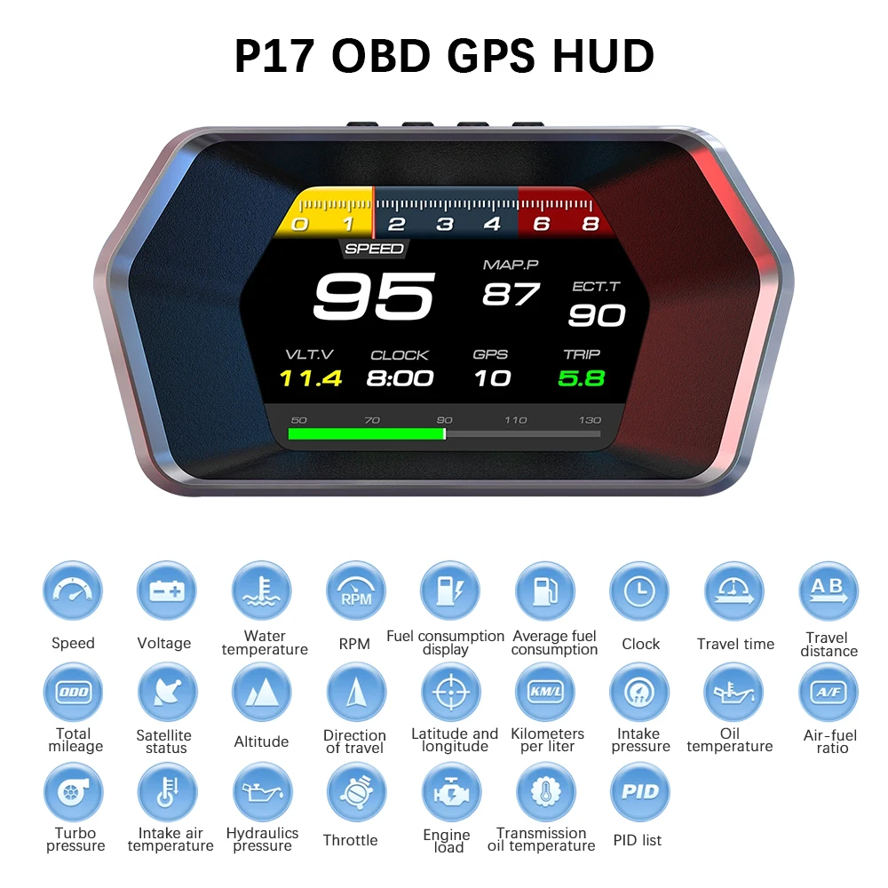 Car HUD Speedometer Multi Functional Overspeed Alarm Digital 4.3 Inch OBD GPS Head Up Display P17 Clock KMH RPM Mileage Meter