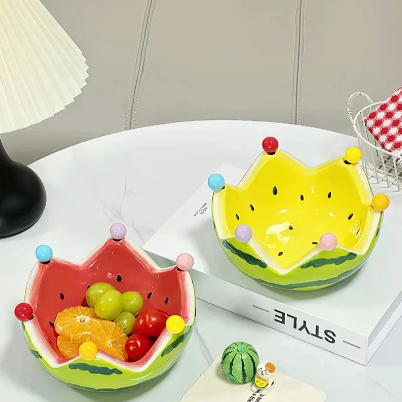 

Watermelon Fruit Plate Creative Ceramic Fork Set Large Capacity Living Room Tea Table Fruit Bowl Cute Decorative Plate Gift
