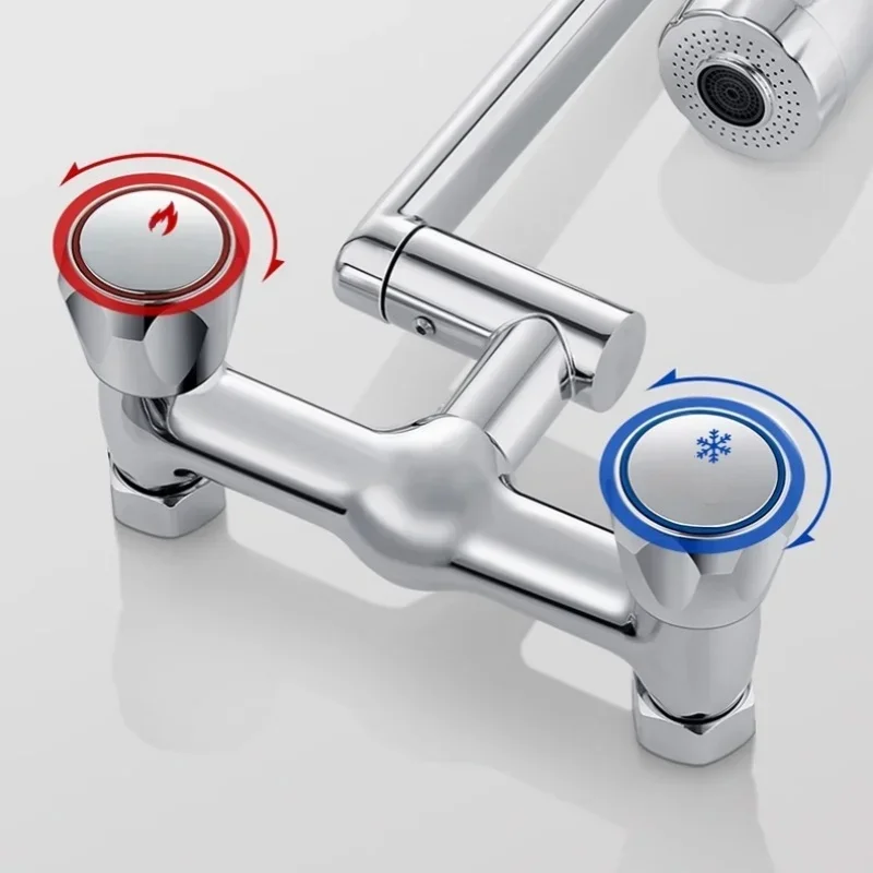 Wall Mounted Kitchen Faucet 2 Function Bathroom Kitchen Sink Washbasin Dual Handle Cold Hot Water Mixer Valve Tap 360 Degree